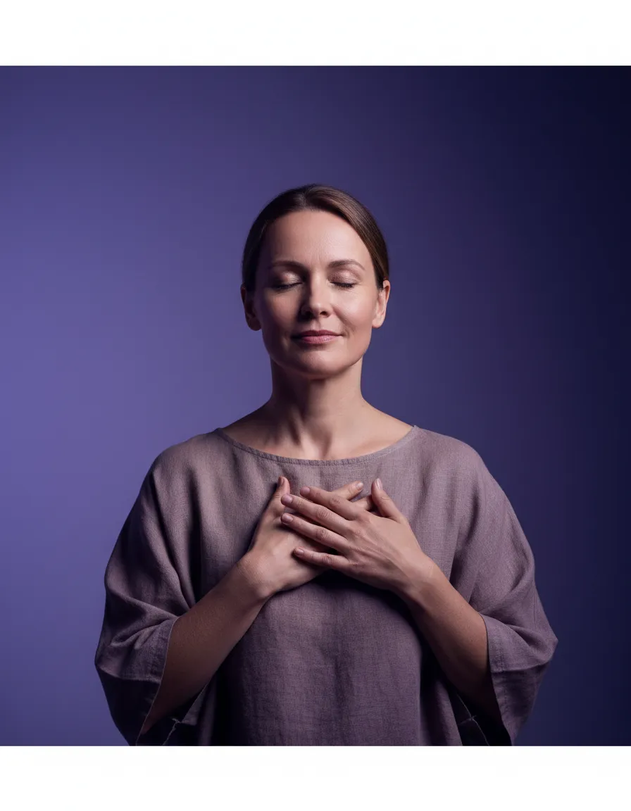 Fotografía editorial espiritual moderna, persona adulta con expresión serena y consciente en espacio minimalista.